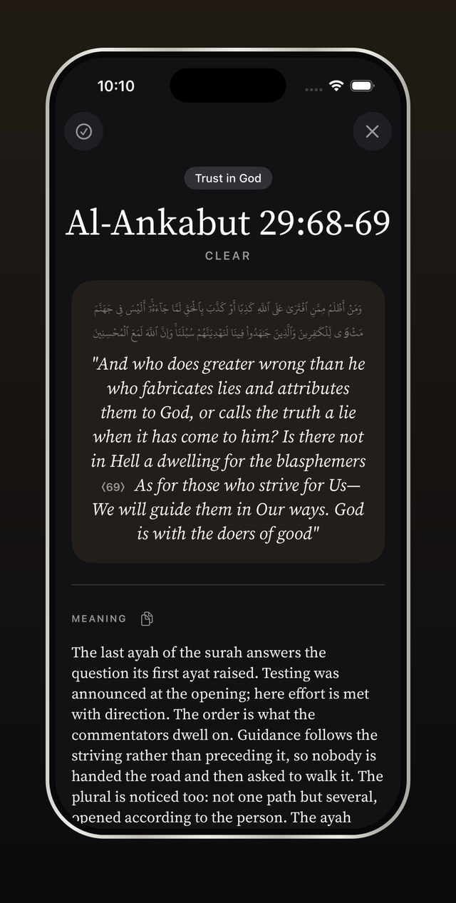 Deep Study open on a passage, showing the quote box and the Meaning section.